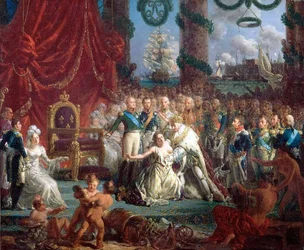 Allégorie du retour des Bourbons le 24 avril 1814 : Louis XVIII relève la France de ses ruines.